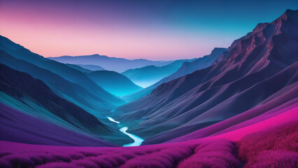 purple mountains with a river running through them at sunset, - obrazy, fototapety, plakaty