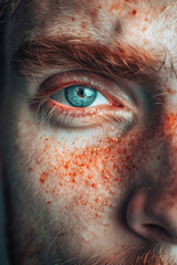 Close-up of a man's face with superimposed redness, itching, and watery eyes, depicting allergic rhinitis triggered by environmental factors.