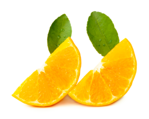 Front view of fresh shogun or tangerine mandarin orange slices or quarters and green leaves isolated with clipping path and shadow in png file format