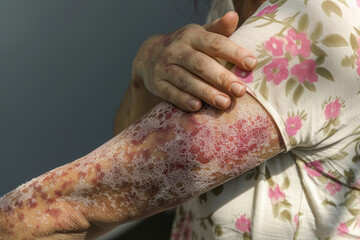 Illustration of a woman's arm covered in raised, itchy patches, showcasing a skin reaction indicative of contact dermatitis from allergenic substances.