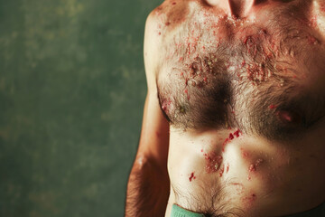 Naklejka premium Person's torso with visualizations highlighting hives and swelling, illustrating a severe allergic reaction to an unknown allergen.