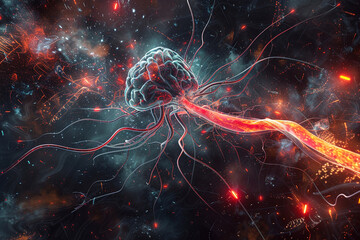 A dynamic digital illustration of the nervous system, showcasing neurons firing and transmitting signals throughout the brain and spinal cord. - obrazy, fototapety, plakaty