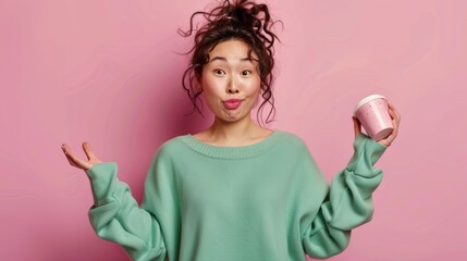Surprised young woman holding coffee cup on pink background.