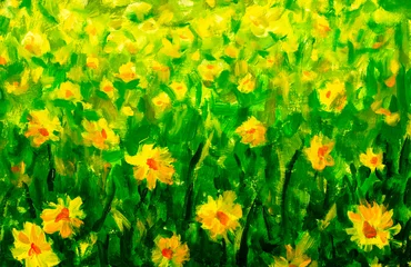 Tuinposter Natural spring landscape Background With yellow flowers blossom in Grass, Natural meadow rural outdoor oil painting summer flower Background Illustration artwork © Original Painting