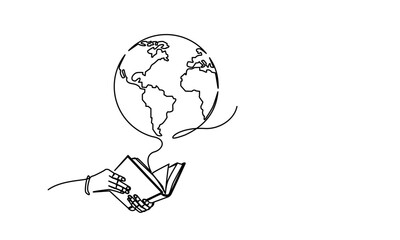 Hand holding book and globe for world book day, line art continues