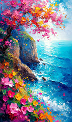 The colorful trees and leaves and blue ocean beautiful view. Colorful background.