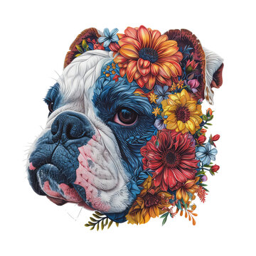 Bulldog made of flowers water painting vintage vivid colors