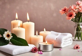 Fototapeta na wymiar spa still life with candles and flowers