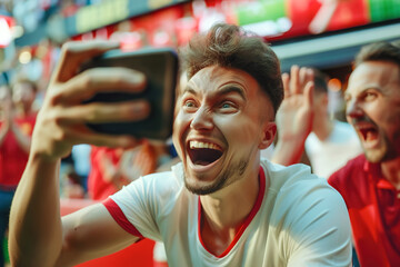 A close-up of enthusiastic football fans gathered around a phone screen, cheering as they watch a match with intense focus.