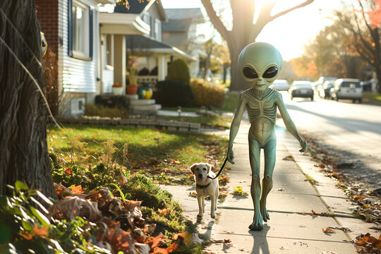 Amidst a serene suburban setting, a curious alien strolls leisurely with a dog, sparking wonder in an ordinary neighborhood.