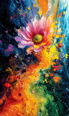 Abstract background with multicolored strokes of oil paint and flowers