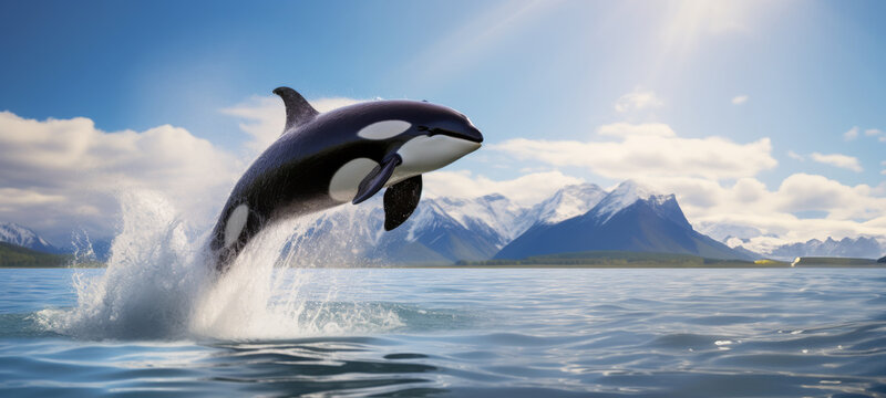 World Oceans Day Save Environment Concept, orca wales jumping out of sea surface, Global warming and preserving life on Earth, The glacier melting and endangering the wildlife.