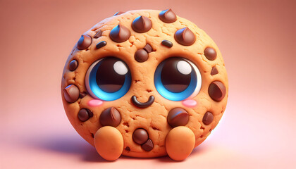 Smiling Chocolate Chip Cookie Character with Cute Blue Eyes
