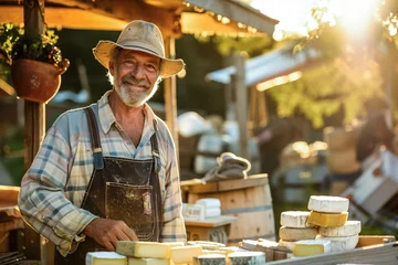 Deurstickers A rustic farmer stands proudly beside a farm-fresh cheese display, showcasing his homemade dairy products under the warm sunlight. © Degimages