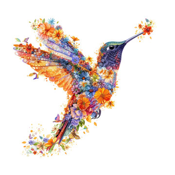 Hummingbird made of flowers water painting vintage vivid colors