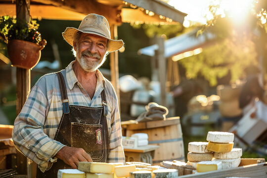 A rustic farmer stands proudly beside a farm-fresh cheese display, showcasing his homemade dairy products under the warm sunlight.