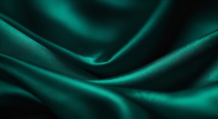 Wavy folds of luxurious satin velvet, elegant and smooth emerald green abstract silk texture folds background