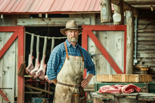 An earnest contemporary farmer stands before his barn, presenting an assortment of locally sourced meats for sale, emphasizing quality and sustainability. - Powered by Adobe