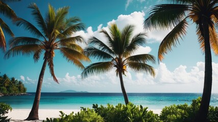 Palm tree on the beach, beach wallpaper, sea landscape and coconut tree wallpaper, beach background, a beautiful sea on whose shores there are many plants and trees