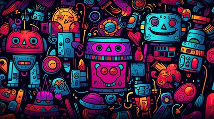 colorful hand drawn robots and technology doodles Background, Generative AI