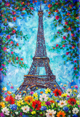 Tower, Paris spring flowers oil painting. Romantic Tower artwork illustration