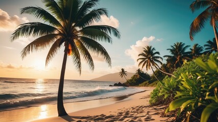 Fototapeta na wymiar Palm tree on the beach, beach wallpaper, sea landscape and coconut tree wallpaper, beach background, a beautiful sea on whose shores there are many plants and trees