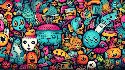 Obraz premium colorful Hand Drawn cute animals Doodles Background, Generative AI