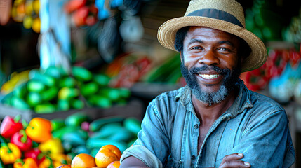 Close up portrait of happy male employee looking at camera in good mood. Young African American cheerful man manager work at food shop. Business concept - obrazy, fototapety, plakaty