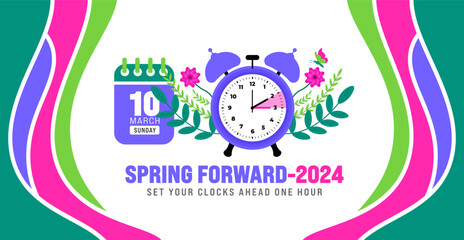 Spring Forward concept 2024 banner. Daylight Saving Time Starts background with cartoon doodle style with funny clock flower. schedule of changing clocks at march 10, 2024. Spring Forward clock banner