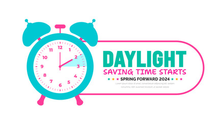 Spring Forward concept 2024 banner. Daylight Saving Time Starts background with cartoon doodle style with funny clock flower. schedule of changing clocks at march 10, 2024. Spring Forward clock banner - obrazy, fototapety, plakaty