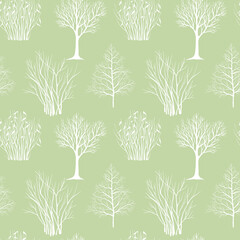 Winter trees and bushes. Seamless pattern. Hand drawn line art. Nature background. - 739112535