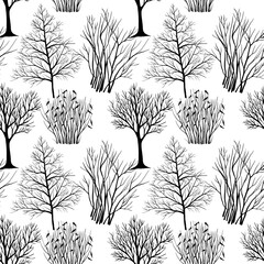 Winter trees and bushes. Seamless pattern. Hand drawn line art. Nature background. - 739112547