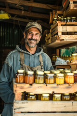 A smiling farmer stands proudly beside rustic wooden crates filled with jars of honey, showcasing his organic produceÐ»