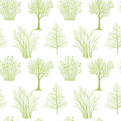 Winter trees and bushes. Seamless pattern. Hand drawn line art. Nature background. - 739112574