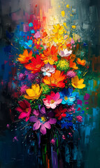 Abstract background with multicolored strokes of oil paint and flowers.