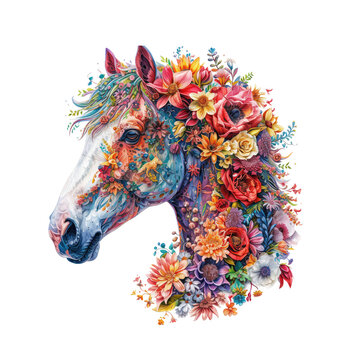 Horse made of flowers water painting vintage vivid colors