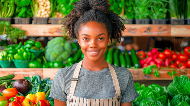 Portrait of joyful female grocery store assistant in apron holding packet, smiling to camera in good mood. Young African American woman at supermarket. Retail concept