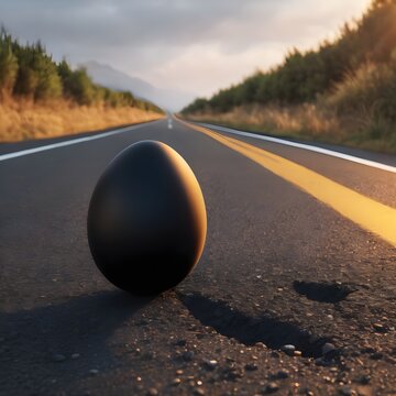 black egg in asphalt on the road
