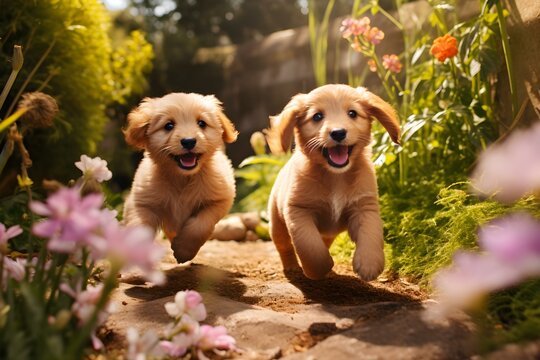 Adorable mixedbreed puppies playfully exploring a beautiful outdoor garden setting. Concept Pets, Photography, Adorable, Outdoor, Nature