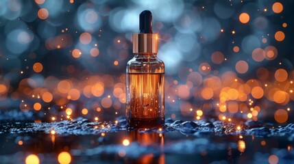 Serum dropper bottle on a sparkling bokeh background, symbolizing luxury skincare and beauty, with a focus on health and wellness - obrazy, fototapety, plakaty