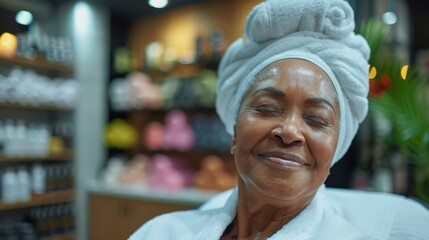 Relaxed mature woman with a towel headwrap enjoying a spa facial, smiling with eyes closed, surrounded by a serene spa ambiance.