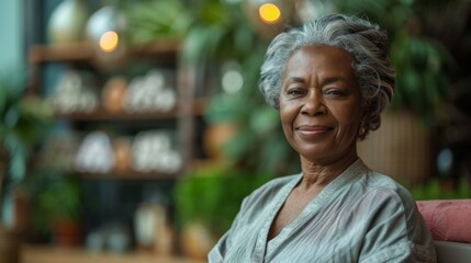 Elegant senior African-American woman with a graceful smile, surrounded by lush greenery in a cozy indoor setting.