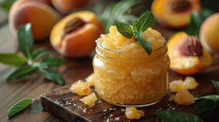 Jar of natural peach body scrub on a wooden surface, accompanied by fresh mint and succulent peach halves, evoking a luxurious spa atmosphere.