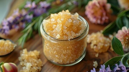 Jar of golden sugar body scrub on a wooden backdrop, surrounded by soft hydrangeas, evoking a spa-like atmosphere of natural skincare indulgence.