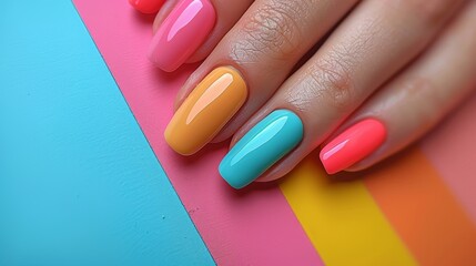 A hand with nails painted in vibrant pastel shades of pink, orange, and blue, against a colorful striped background. Perfect for beauty and fashion concepts.