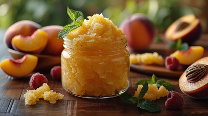 A jar of homemade peach body scrub on a wooden surface, surrounded by fresh fruit and mint, evoking a sense of natural skin care and summer freshness.