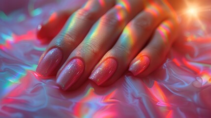 A hand with sparkling holographic nail polish over a dynamic, colorful background, embodying trendy beauty and nail art.