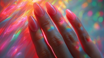 Glistening manicured nails with a holographic sheen over a radiant, colorful light background, showcasing modern nail fashion and beauty.