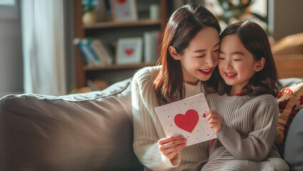 A heartfelt scene with a smiling mother and child enjoying a love card, in a home filled with joy. Mother and daughter sharing a serene moment.