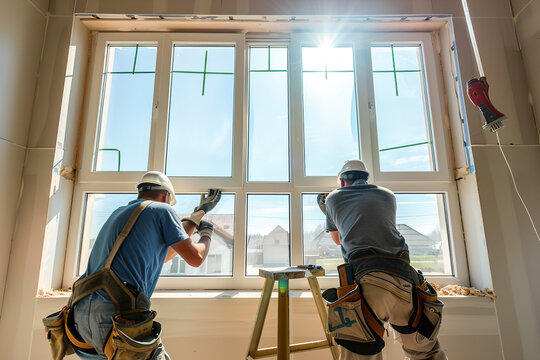 Two craftsmen install modern PVC windows on a suburban home, carefully securing frames amidst bright daylight, emphasizing home improvement.
